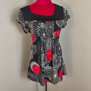 Y2K 2000s Futuristic Cyber Spiral Print Black Red White Babydoll Top Agenda